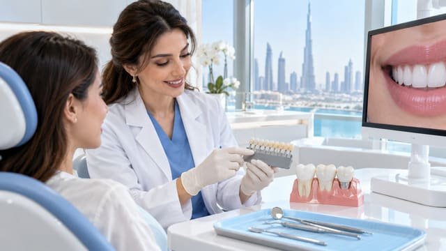 Dentist discussing tooth shade, veneers and crowns before teeth whitening
