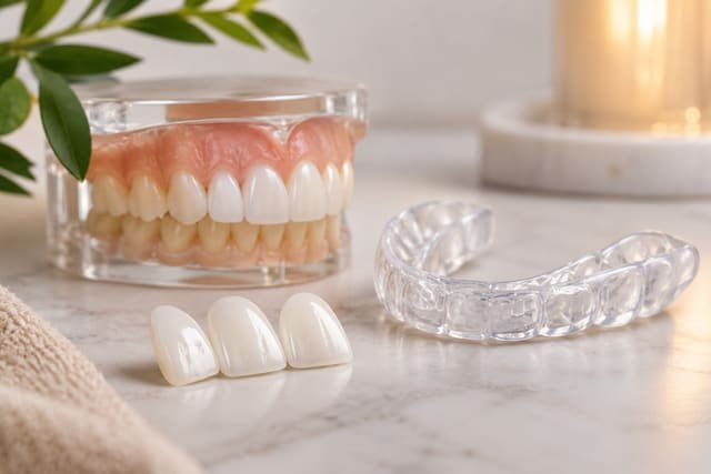 Dental veneers, tooth model and protective night guard illustrating teeth grinding and veneer treatment