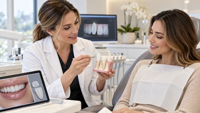 Dentist explaining how dental veneers are placed over natural teeth
