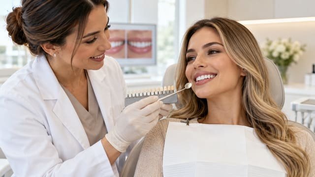 Cosmetic dentist assessing how many veneers are needed for a patient's smile