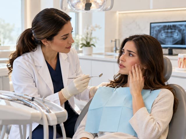 Dentist examining a patient experiencing tooth pain and sensitivity